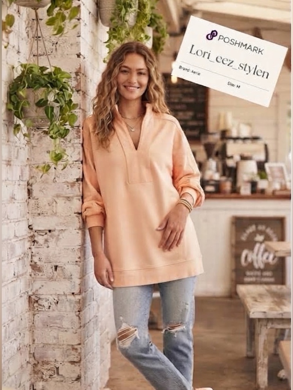 Casual V-Neck Pullover Top in Peach - Unbranded